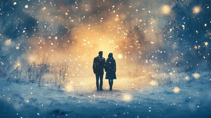 Obraz premium Couple standing together in a winter wonderland and snowflakes falling