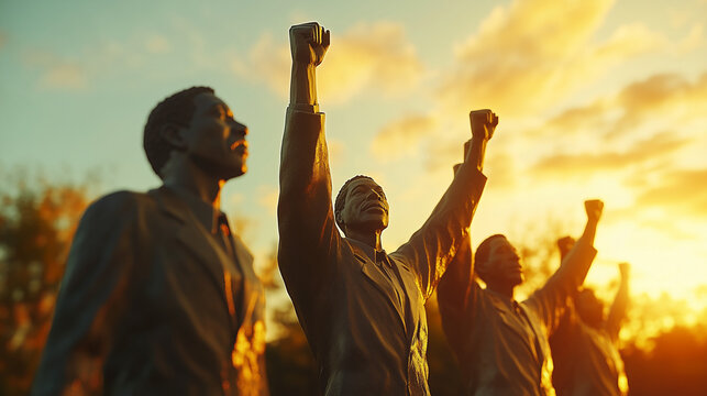 Civil rights monument with raised fists in solidarity, statues standing proudly, golden hour lighting creating an impactful and relevant setting