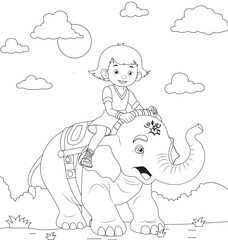 The children and the Elephant Hand-drawn coloring illustration. For children's coloring books, backgrounds,