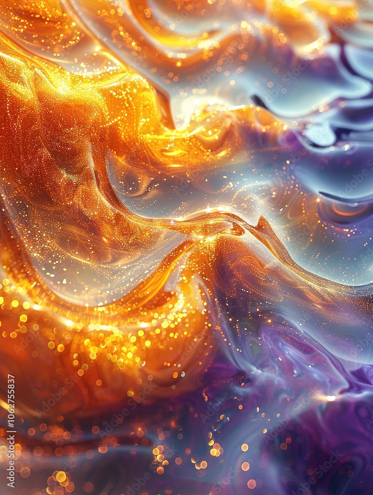 Poster abstract swirling patterns in vibrant colors with sparkling elements.