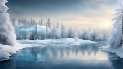 An icy lake, frozen trees create a cool, crisp winter atmosphere with a unique and contemporary style.