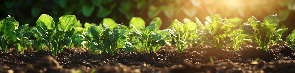 A lush garden scene featuring healthy pulse plants growing in rich soil under the warm glow of sunlight