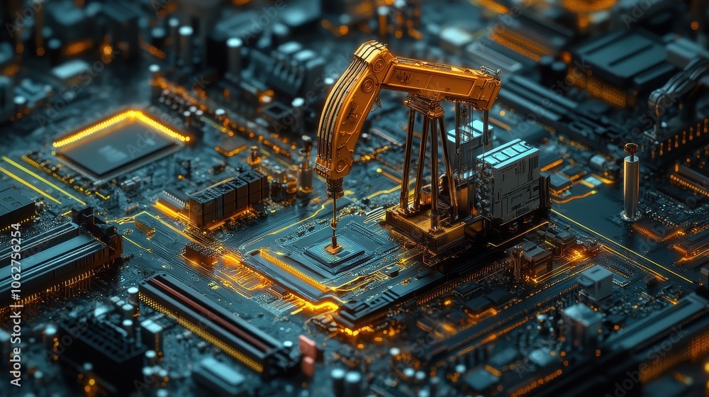 Poster digitalized oil pump on graphical motherboard interface generative ai image