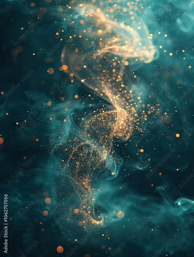 Poster abstract swirling smoke with glowing particles creating a mystical atmosphere.