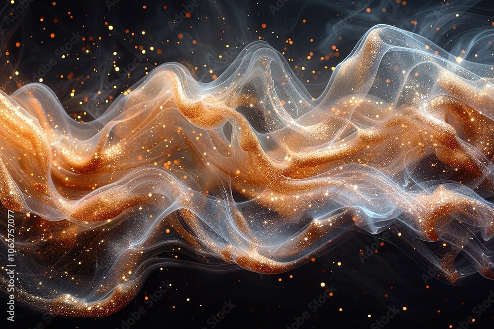 Poster abstract swirling waves of light and color with sparkling effects.