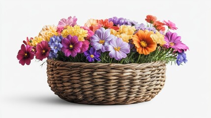 Colorful spring flowers arranged in a woven basket centerpiece isolated on transparent background