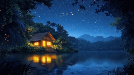 A beautiful  of house in the jungle at starry night with lake in forground