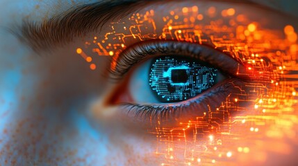 Close-up of human face with digital circuits representing AI technology. Generative AI image