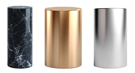 cylinder pedestal standing black marble, golden, silver isolated on transparent background