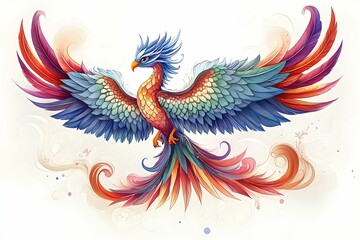 Obraz premium A vibrant and colorful phoenix spreads its wings tattoo design, showcasing stunning feathers in hues of red, blue, and green against a soft, abstract background.