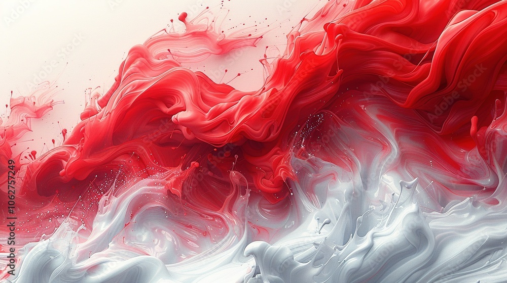 Poster abstract swirls of red and white paint create a dynamic, fluid visual composition.