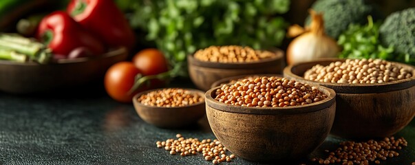 A rustic table with bowls of pulses against a backdrop of fresh vegetables and grains highlighting the nutritional balance