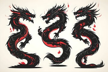 Set of Three black dragons tattoo design, showcasing intricate design, evoking power and mystique in a striking, artistic representation.