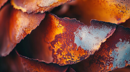 Fototapeta premium Rusted metal with jagged peeling edges in vibrant orange, brown, and light blue, showcasing high texture and rugged detail.