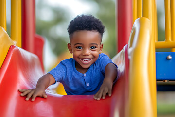 Happy black preschooler boy is smiling while playing on a colorful slide at the playground
