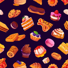Cartoon confectionery and sweet pastry seamless pattern. Textile seamless background, wrapping paper vector print or backdrop with cake, pancakes and waffle, cupcake, pudding and cookie pastry dessert