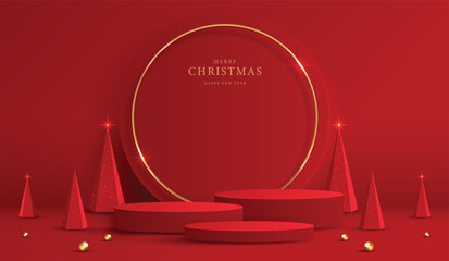 Podium shape for show cosmetic product display for christmas day or new years. Stand product showcase on red background with lighting christmas. vector design.