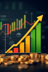 A 3D illustration of a financial growth chart with an upward arrow and stacked coins in the foreground, symbolizing economic success and investment growth.