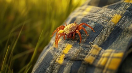 Tick crawling on blue and yellow fabric. This photo shows a tick, a common parasite, on a piece of clothing, highlighting the potential for tick bites and the need for preventative measures.