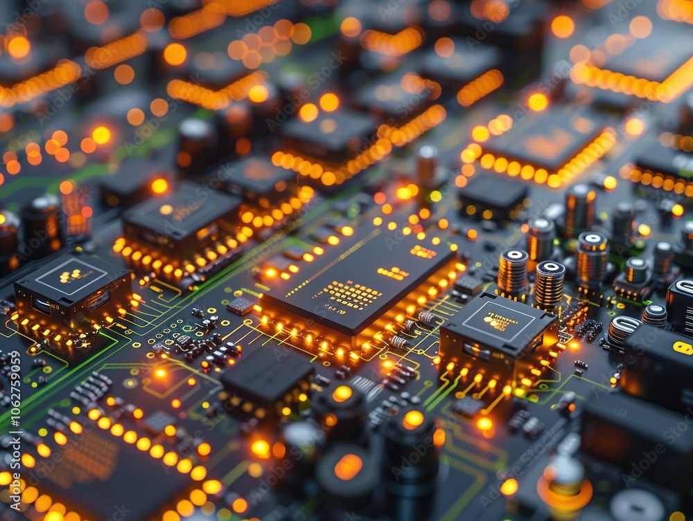 Poster close-up of a complex circuit board with glowing components and intricate connections.