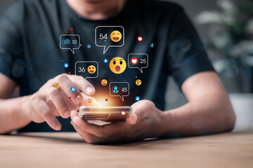 Social media and digital online concept, man using smart phone with Social media. online marketing,...