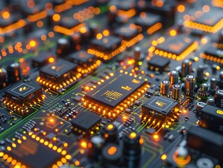 Obraz premium Close-up of a complex circuit board with glowing components and intricate connections.
