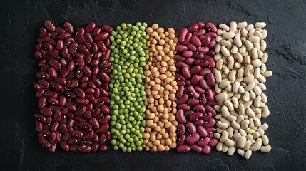 An artistic arrangement of dried split peas kidney beans and pinto beans showcasing their rich hues and natural patterns