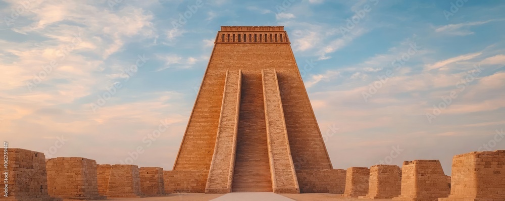 Poster ancient pyramid structure under a blue sky with soft clouds.
