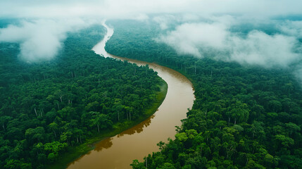 Serene aerial view of winding river through lush green rainforest and misty clouds