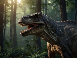 Obraz premium close up of a tyrannosaurus rex،tyrannosaurus rex in the forest،tyrannosaurus rex dinosaur 