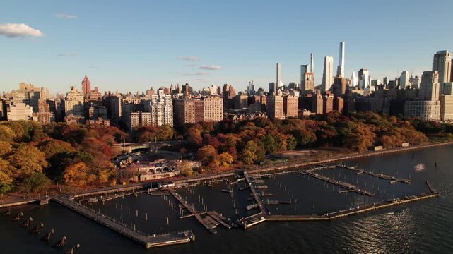Beautiful aerial of New York's 79th Street Boat Basin, 4K