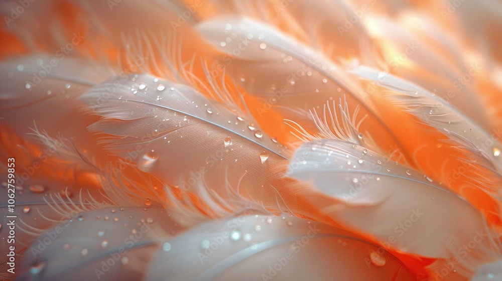 Poster delicate white feathers adorned with droplets, creating a soft and ethereal atmosphere.