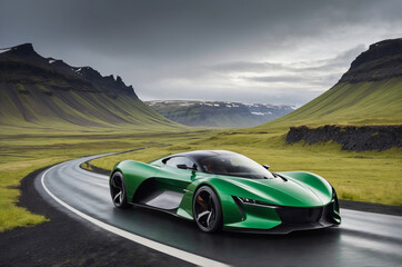 Fototapeta premium A sleek green sports car navigates a winding road surrounded by dramatic mountains and lush greenery under a moody sky in Iceland