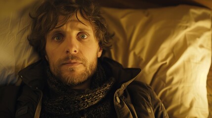 Man lying in bed with wide-open eyes, showing deep concern and fatigue, unable to sleep in dimly lit room with soft glow from nightstand lamp.