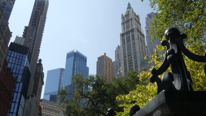 New York City Lower Manhattan, Downtown Financial District architecture, United States. Woolworth building, high-rise skyscraper, Broadway street, USA. American urban scene, City Hall Park in NYC.