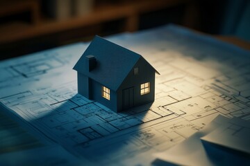 Close-up of a miniature house on top of blueprints, an architectural design concept. 