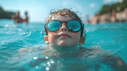 Fototapeta premium A young boy wearing sunglasses floats in a pool. This image can be used for websites, blogs, and social media posts related to summer, water, and leisure.