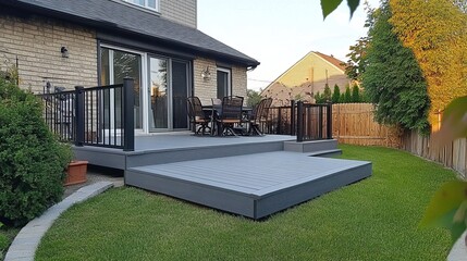 Newly constructed composite decking and fencing in ash blue gray , composite, decking, fencing, ash, blue, gray.