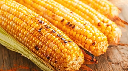 Three grilled corn cobs on rustic wooden background, appetizing and golden.