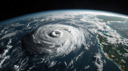 Hurricane swirling over the ocean, viewed from space, dramatic natural phenomenon.