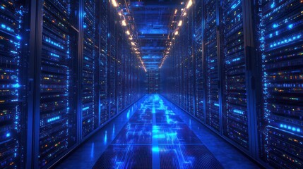 Detailed 3D visualization of data servers with glowing and dynamic lights.