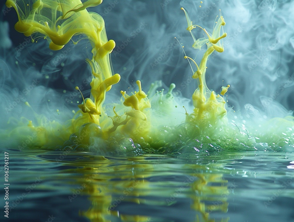Poster vivid splashes of yellow paint create dynamic patterns in water, showcasing fluid motion.