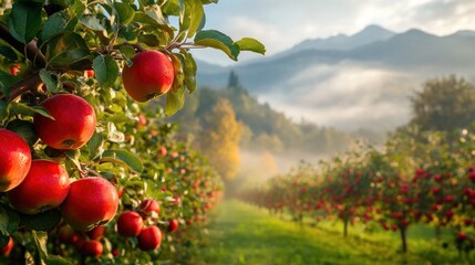 A serene apple orchard with ripe apples in the foreground and a misty mountain landscape in the background, bathed in the warm light of sunrise.