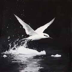 A white bird, a tern, is in flight over dark water, splashing as it takes off.

