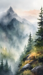 A serene watercolor painting of a mountain landscape with a trees, and mist. A serene mountain landscape with misty fog, pine trees, and distant peaks.