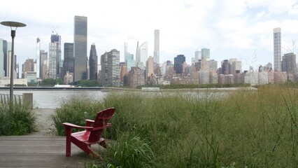 New York City waterfront skyline, Manhattan Midtown buildings, riverfront skyscrapers by East river...