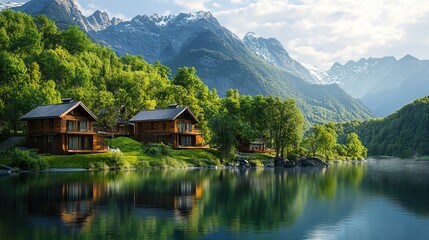 Fototapeta premium Mountain Retreat: Tranquil Villas Amidst Majestic Peaks and Verdant Trees on the Lake 