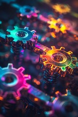 Obraz premium Innovative Synergy: Multiple colorful cogs interlocked and glowing, symbolizing teamwork, efficiency, and collaboration. 