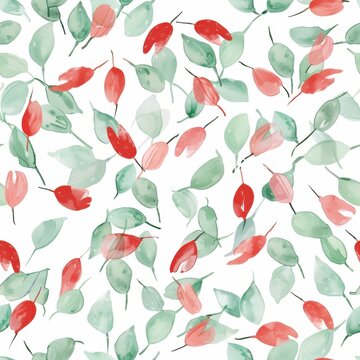 Super cute and doodly watercolor pattern of cute dispersed minimalistic tulips. red and green pastel colors