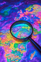 Joyful Curiosity: A neon magnifying glass over a colorful map, symbolizing exploration and discovery